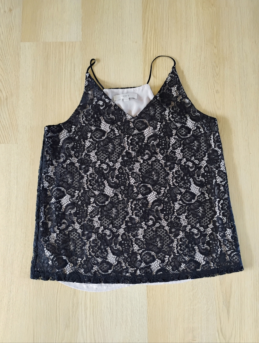 LOFT Black Lace Overlay V-Neck Camisole with Cream Lining